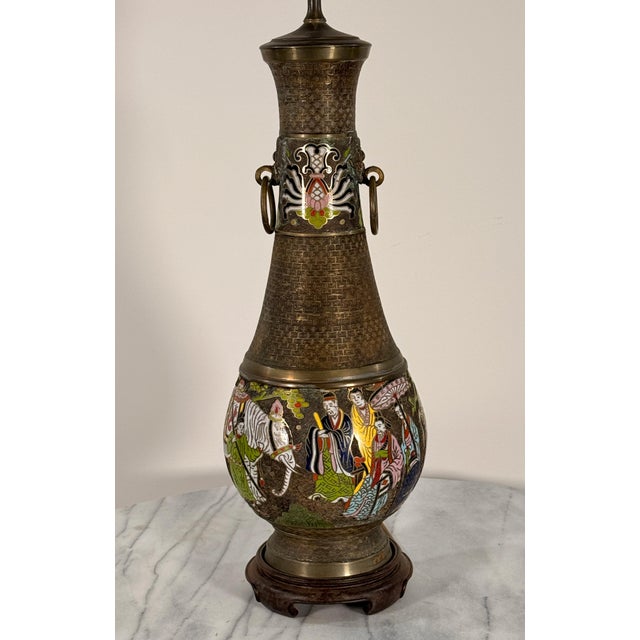 Chinoiserie Mid 20th Century Chinese Cloisonne Brass Vase Table Lamp With Figural and White Elephant Decoration For Sale - Image 3 of 15