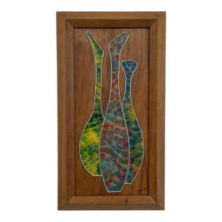 Vintage Mid-Century Modern Abstract Mixed Media Wall Art by Sheldon in Walnut Toned Frame. For Sale