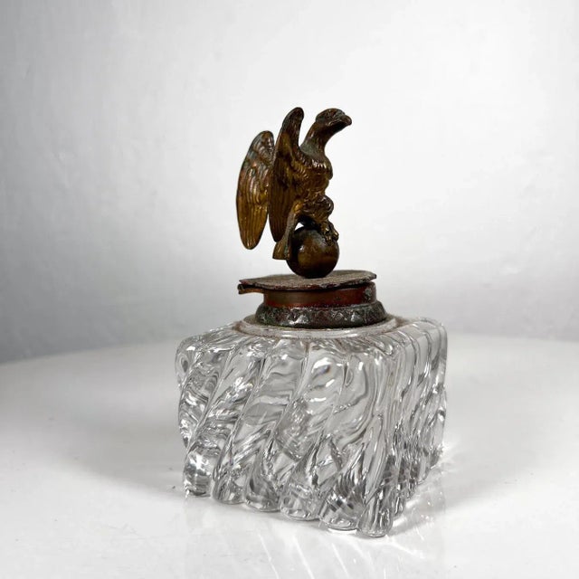 Antique Vintage Cut Crystal Inkwell Brass Eagle Top For Sale - Image 10 of 10
