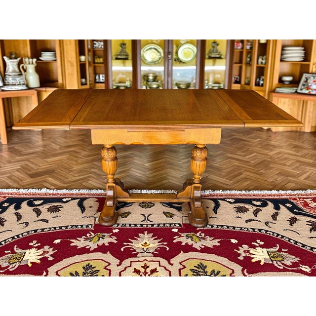 Khaki 1930s Beautiful Quarter Sawn Solid Oak Draw Leaf Table For Sale - Image 8 of 12