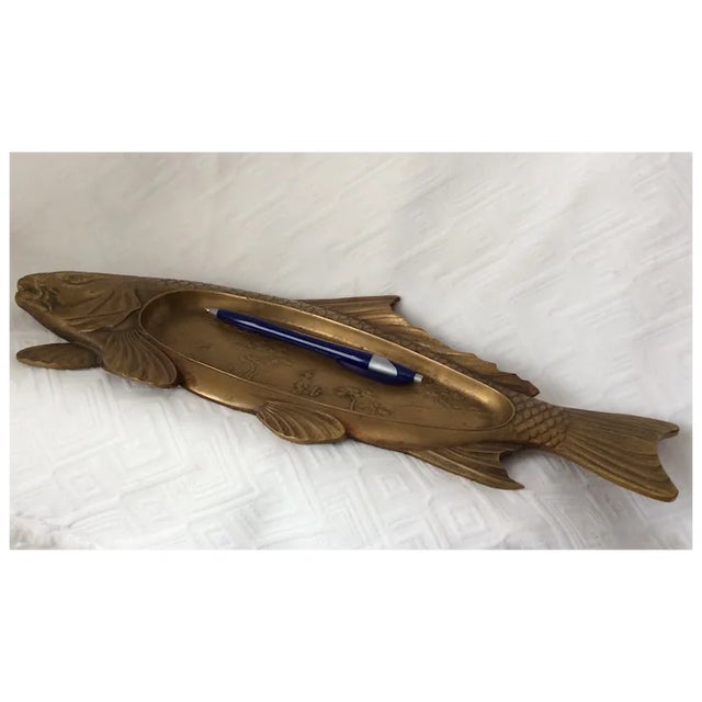 Metal Antique Art Deco Asian Coy Fish Tray, Bronze Pen Holder, Desk or Vanity Tray For Sale - Image 7 of 8