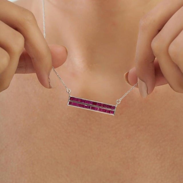 2.81 Ct Double Row Ruby Bar Necklace Pendant in Sterling Silver - Caratandher For Sale - Image 6 of 15