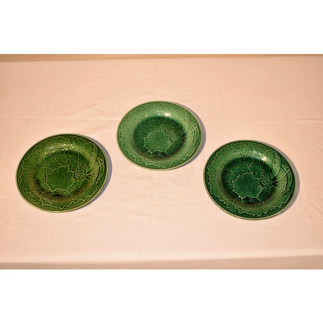 Set of 3 English Green Majolica Leaf Plates For Sale - Image 4 of 6