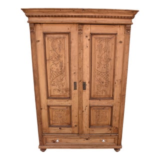 Pine Two Door Armoire With Carved Door Panels, Hungary, Circa 1910 For Sale