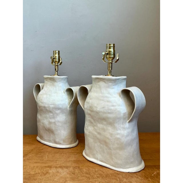 Vintage Biomorphic Double Handled Studio Pottery Lamps - a Pair For Sale - Image 10 of 12