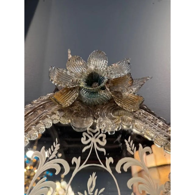 Traditional Antique Italian Etched Venetian Mirror With Pink Flowers For Sale - Image 3 of 6