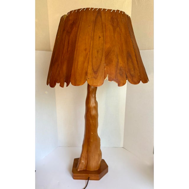 Wood Rustic Folk Art Cypress Knee Table Lamp With Sculpted Wood Slat Shade For Sale - Image 7 of 12