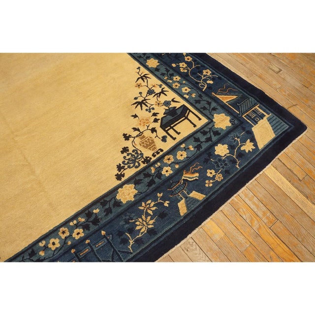 Textile 1920s Antique Chinese Minimalist Light Cream Vase Open Field Peking Rug 8' X9'6" For Sale - Image 7 of 8