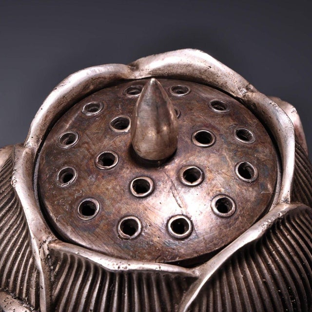 Vintage Solid Copper Lotus Censer, High Relief Carved & Silver Washed Stemmed Incense Burner For Sale - Image 9 of 10