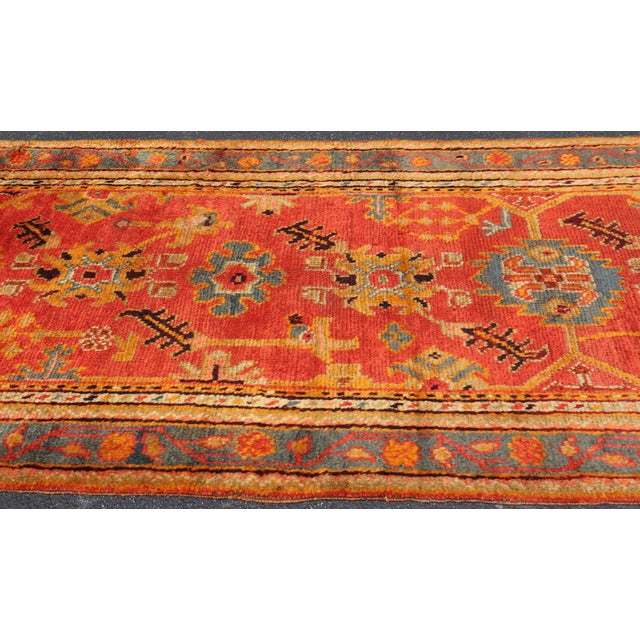 Early 20th Century Red and Light Blue Wide Antique Turkish Oushak Gallery Runner For Sale - Image 5 of 18