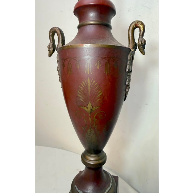 Antique Handmade Painted French Red Tole Toleware Swan Metal Table Lamp Light For Sale - Image 12 of 18