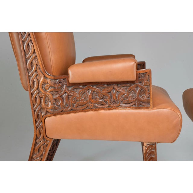 Art Deco Mid-Century Art Deco Armchairs With Hand-Carved Moorish Frame, 1950s For Sale - Image 3 of 12