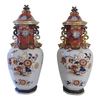 Pair English Ironstone Lidded Jars Urns Vases 24" Tall by Mortlock C 1860 Dragons Foo Lions (A) - A Pair For Sale