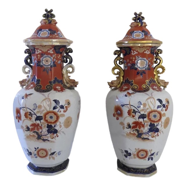 Pair English Ironstone Lidded Jars Urns Vases 24" Tall by Mortlock C 1860 Dragons Foo Lions (A) - A Pair For Sale
