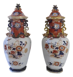 Pair English Ironstone Lidded Jars Urns Vases 24" Tall by Mortlock C 1860 Dragons Foo Lions (A) - A Pair