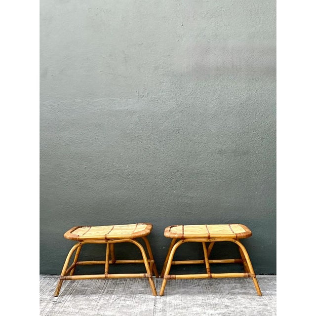 Wood Vintage Rattan Low Stools - Pair For Sale - Image 7 of 12
