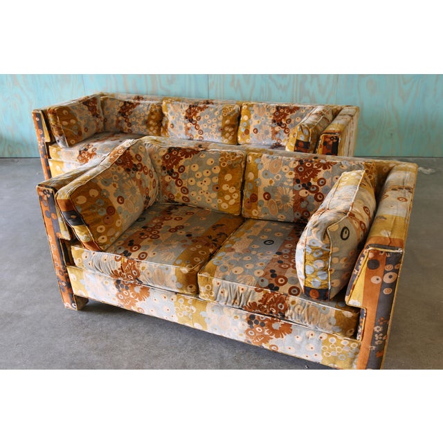 A matching set, sofa and loveseat designed by Milo Baughman for Thayer Coggin in original Jack Lenor Larsen Primavera...