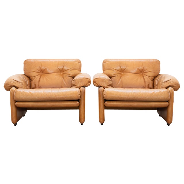 Model Coronado Armchairs with Poufs in Cognac by Tobia & Afra Scarpa for B&B Italia, 1970, Set of 4 For Sale