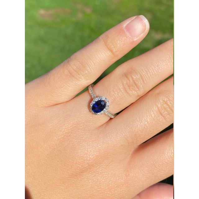 The Capella: Sapphire and Diamond Halo Ring in 14 Karat White Gold For Sale In Philadelphia - Image 6 of 8