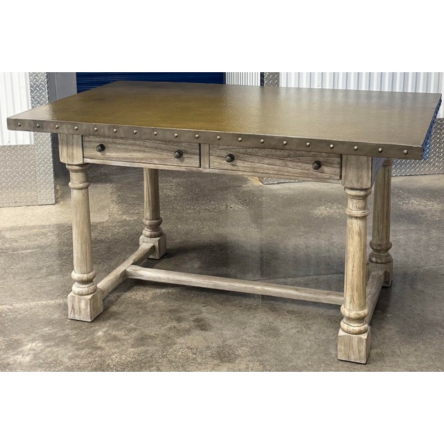 Oyster Gray Lexington Twilight Bay Shelter Island Rectangle Bistro Table / Kitchen Island With Hammered Metal Top For Sale - Image 8 of 10