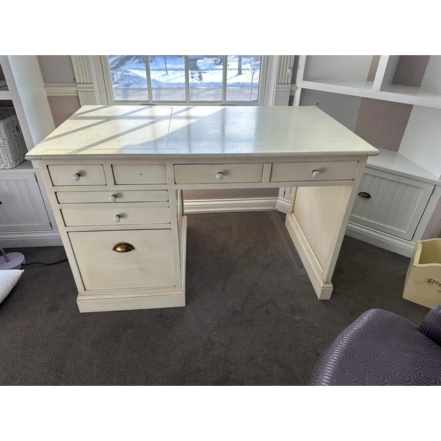 Grange White Wooden Nightstand With Embossed Cabinet Door – Shabby Chic Charm For Sale In Chicago - Image 6 of 9