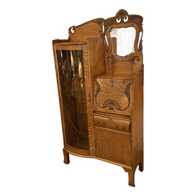 Victorian Carved Oak Wood Side by Side Secretary Desk & Bookcase, Antique For Sale