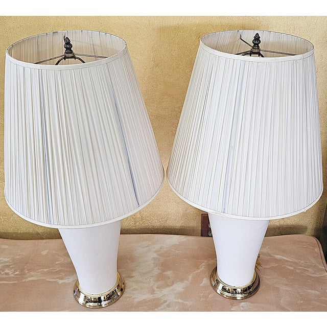 Pair of Vintage White Ceramic Urn Form Table Lamps With Gold Bases and Pleated Shades For Sale - Image 4 of 18