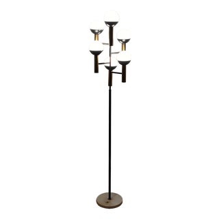 Mid-Century Six-Light Floor Lamp in Brass, Lacquered Metal, and Glass attributed to Stilnovo, Italy, 1950s For Sale