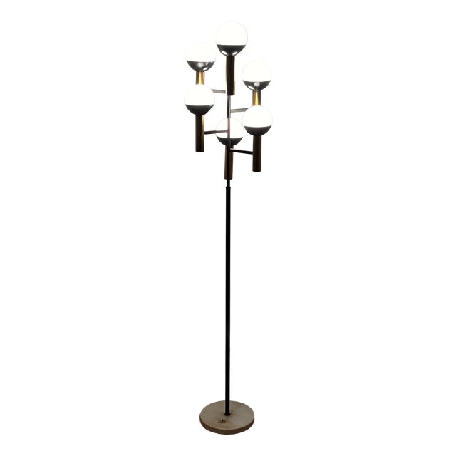 Mid-Century Six-Light Floor Lamp in Brass, Lacquered Metal, and Glass attributed to Stilnovo, Italy, 1950s For Sale