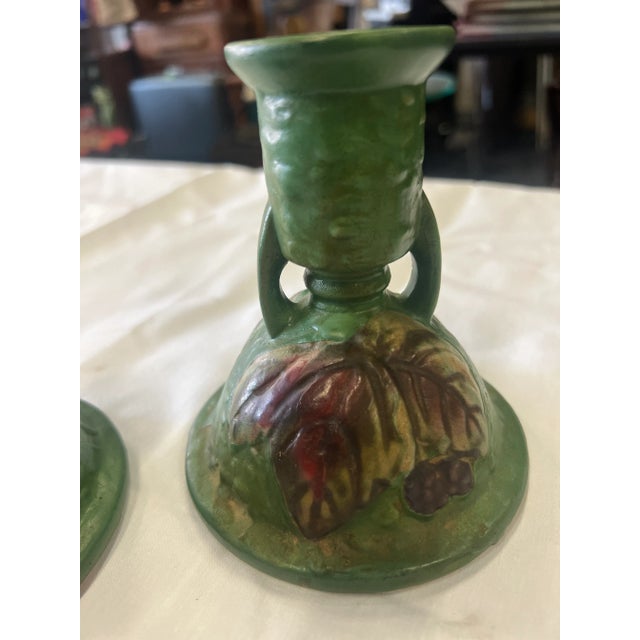 Art Deco 1940s Style Roseville Style Pottery Candlestick Holders - a Pair For Sale - Image 3 of 11