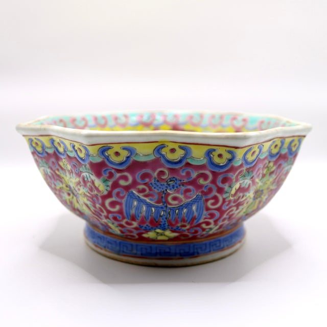 Late 19th Century Antique Chinese Famille Rose Ruby Graviata Octagonal Dragon & Phoenix Bowl, Late Qing/Republic Era For Sale - Image 5 of 12