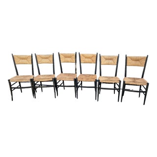 1950s Gio Ponti Attributed Rush Corded Seat Dining Chairs - Set of 6 For Sale