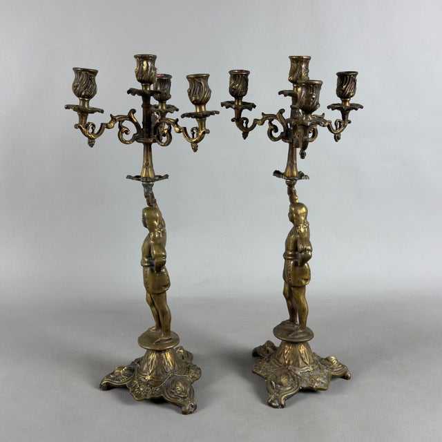 Mid-Century Bronze 4-Flame Candelabras with Noble Figures, Set of 2 For Sale - Image 4 of 11