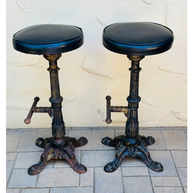 Metal Early 1900s Antique Heavy Cast Iron Bar Stools Barley Twist- A Pair For Sale - Image 7 of 14