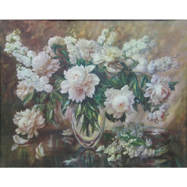 Mid 20th Century Vintage Floral Still Life Peonies Flower Vase Centerpiece Lithograph Print, Framed For Sale - Image 4 of 11