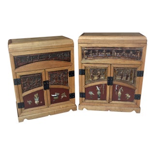 1950s Golden Elm Wood / Carved Jade Figures Side Tables/Cabinets or Nightstands Lift Off Tops - a Pair For Sale