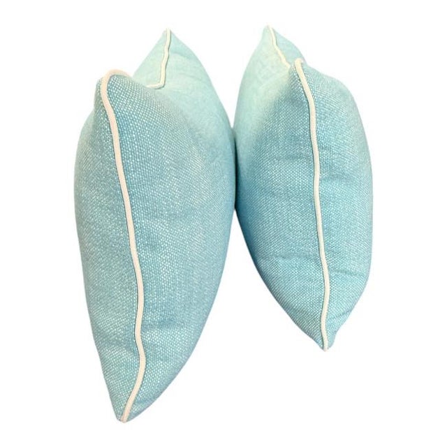 2020s Pair of Indoor/Outdoor Aqua Lumbar Pillows With White Contrast Welt For Sale - Image 5 of 8