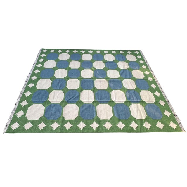 Mid-Century Modern Handmade Woolen Flat Weave Swedish Pattern Blue, Cream and Moss Green Area Tile Rug - 8'x10' For Sale - Image 3 of 13