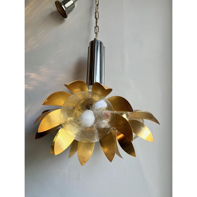 Vintage Floral Top Light Pendant Lamp in Brass and Chrome Steel, 1970s For Sale - Image 4 of 10