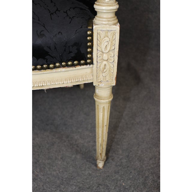Black Pair Attributed Maison Jansen French Louis XVI Style Distressed Painted Bergeres For Sale - Image 8 of 13