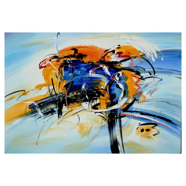 Dynamic and colorful abstract with kinetic quality by unknown artist, circa 2000. Displayed in a painted wood frame....
