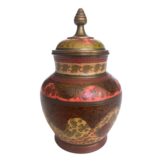 Vintage Mid Century India Brass Incised Multicolor Enamel Incense Urn Lidded Jar For Sale
