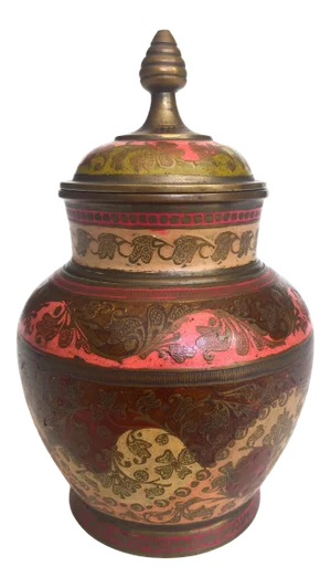 Vintage Mid Century India Brass Incised Multicolor Enamel Incense Urn Lidded Jar