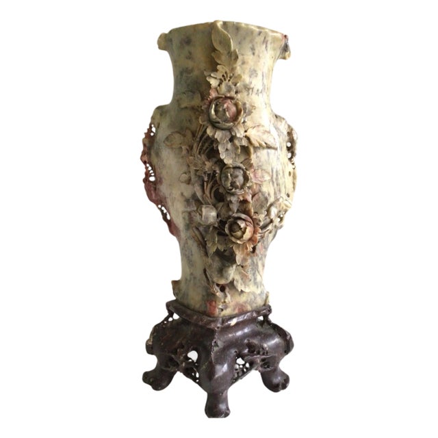 1920s Chinese Soapstone Hand Carved Floral & Bird Vase For Sale