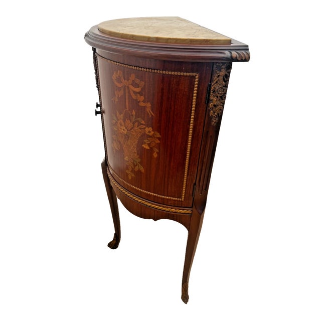 1930s 1930s French Louis Revival Demilune Cabinet With Shelf, Marble Top, Floral Marquetry For Sale - Image 5 of 12