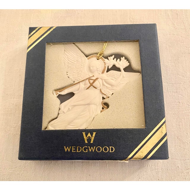Vintage Wedgwood White Angel Ornament, Featuring a Gold-Toned Horn, 22k Gold Accents, and Its Original Blue Gift Box. For Sale - Image 14 of 14