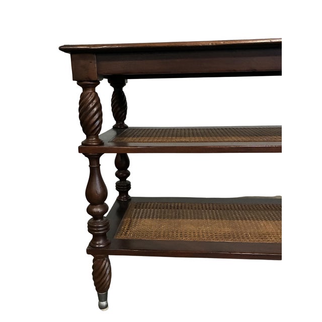 Vintage Baker Milling Road British Colonial Style Three-Tier Stand With Cane Shelves For Sale - Image 11 of 12