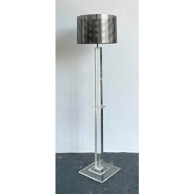 Mid-Century Modern Vintage Boho Lucite Floor Lamp With Perforated Metal Shade For Sale - Image 3 of 9