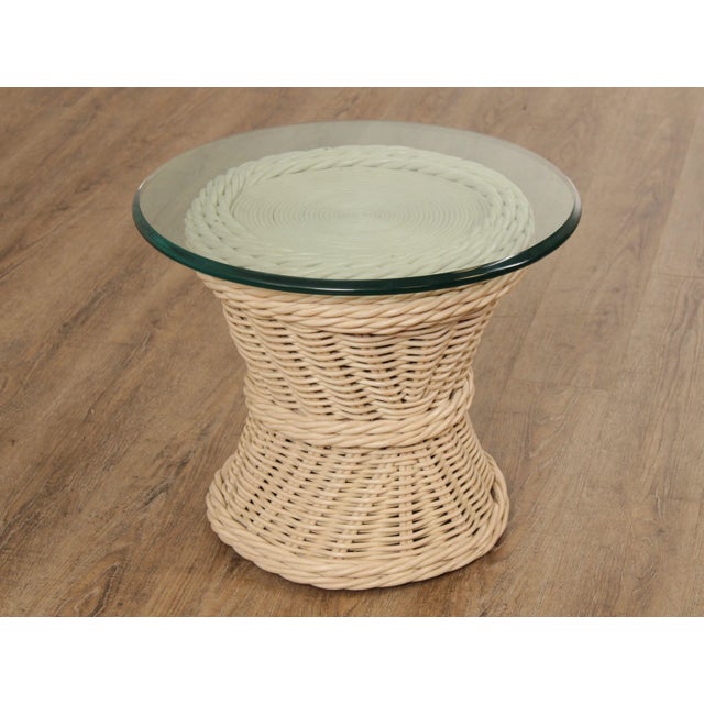 1980s Quality Vintage Round Wicker Rattan Glass Top Side Table For Sale - Image 5 of 13