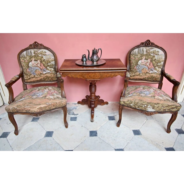Pair of armchairs in the Louis XV rococo style upholstered with high-quality jacquard tapestry with a romantic motif of...